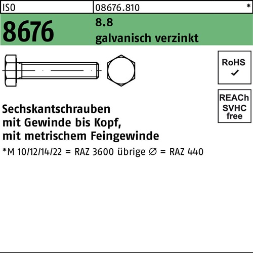 Sechskantschraube ISO 8676 VG M12x1,25x 65 8.8 galv.verz. 50 Stück