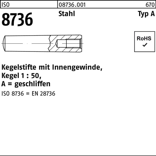 Kegelstift ISO 8736 Innengewinde A 8x 40 Stahl Kegel 1:50 10 Stück