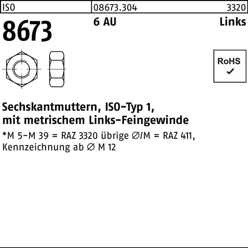 Sechskantmutter ISO 8673 links M20x 1,5 6 Automatenstahl 50 Stück