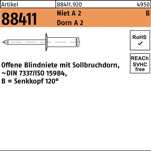 Blindniete R 88411 SEKO B 5x 12 Niet A 2/Dorn A 2 500 Stück