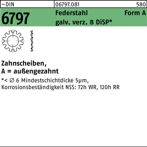 Zahnscheibe DIN 6797 FormA außengezahnt A 6,4 Federstahl gal Zn 8 DiSP 500Stück