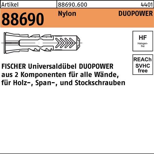 Dübel R 88690 DUOPOWER 8x 40 Nylon 100 Stück FISCHER