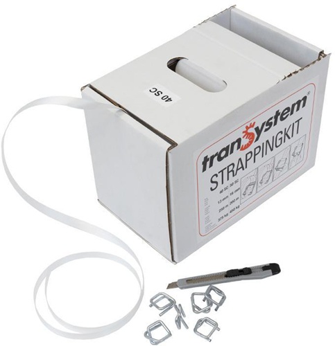 Umreifungsband im Spenderkarton B.13mm S.0,5mm L.250m PES ws 100 Metallklammern