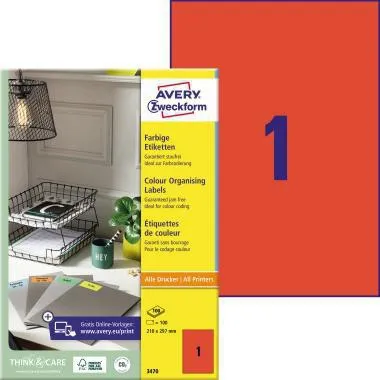 Avery Zweckform Universaletikett 3470 210x297mm rot 100 St./Pack.
