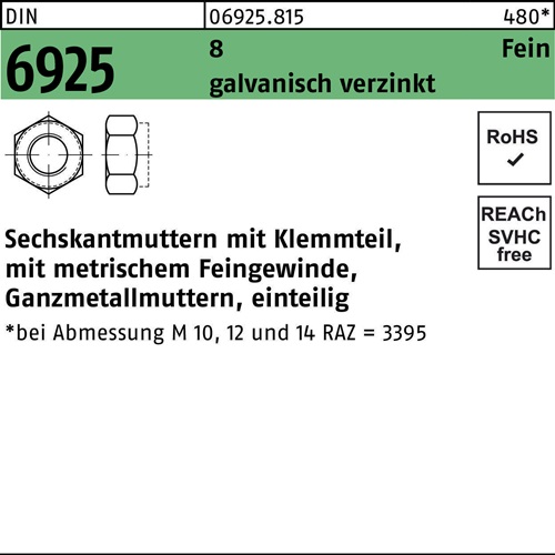 Sechskantmutter DIN 6925 Klemmteil M12x 1,5 8 galv.verz. 100 Stück