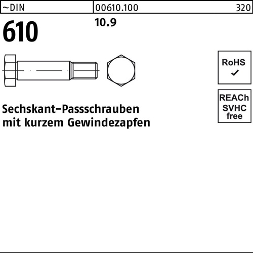 Sechskantpassschraube DIN 610 kurzem Gewindezapfen M12x 50 10.9 25 Stück
