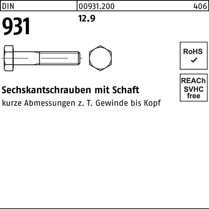 Sechskantschraube DIN 931 Schaft M24x 110 12.9 10 Stück