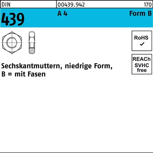 Sechskantmutter DIN 439/ISO 4035 FormB BM 10 A 4 50 Stück