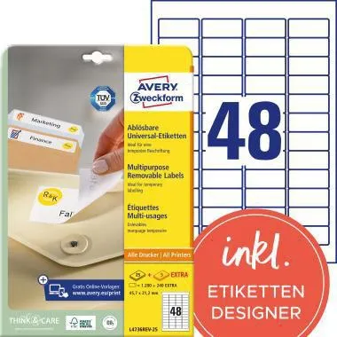 Avery Zweckform Etikett L4736REV-25 45,7x21,2mm weiß 1.440 St./Pack.