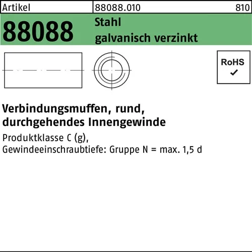 Verbindungsmuffe R 88088 rund IG M16x40x20 Stahl galv.verz. durchg. IG 25St.