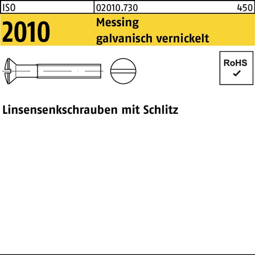 Linsensenkschraube ISO 2010 Schlitz M3x16 Messing galv. vernickelt 200St.