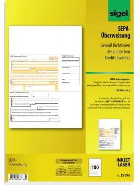 SIGEL Überweisung ZV570 DIN A4 für InkJet/Laser-Drucker 100 Bl./Pack.