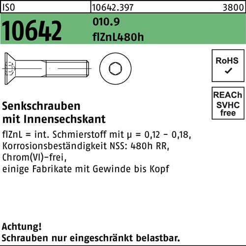 Senkschraube ISO 10642 Innen-6kt M12x30 010.9 flZnL 480h zinklamellenb. 100St.