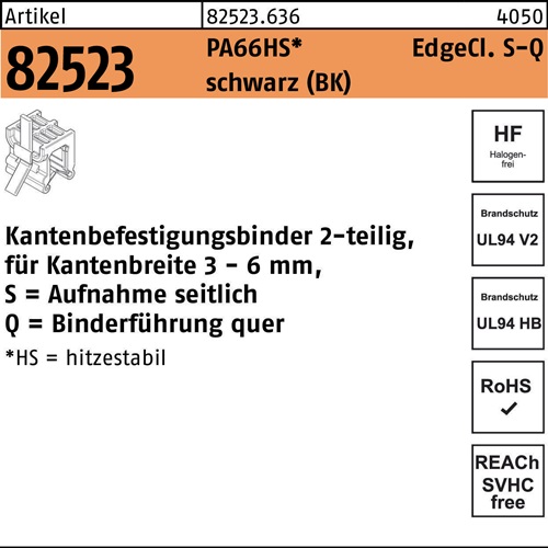 Befestigungsbinder R 82523 Edgecl. 4,6x200 PA66HS sw SQ 500St HELLERMANNTYTON