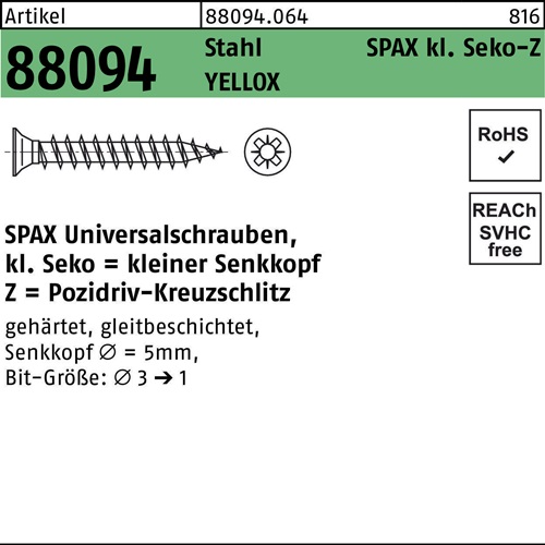 Schraube R 88094 SEKO kl. Spitze/PZ 3x12/10-Z Stahl galv.verz. gelb 1000St. SPAX