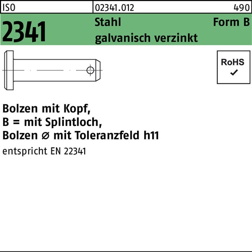 Bolzen ISO 2341 Kopf/Splintloch B 8x35x31,5 Stahl galv.verz. 100St.