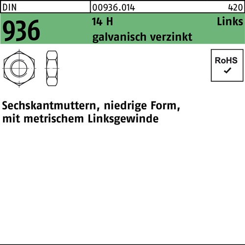 Sechskantmutter DIN 936 links M16 -LH 14 H galv.verz. 50 Stück