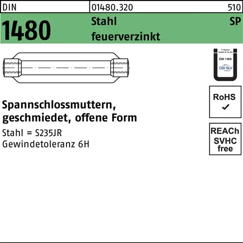 Spannschlossmutter DIN 1480 offen SP M16/170 Stahl ÜZ feuerverz. 1 Stück