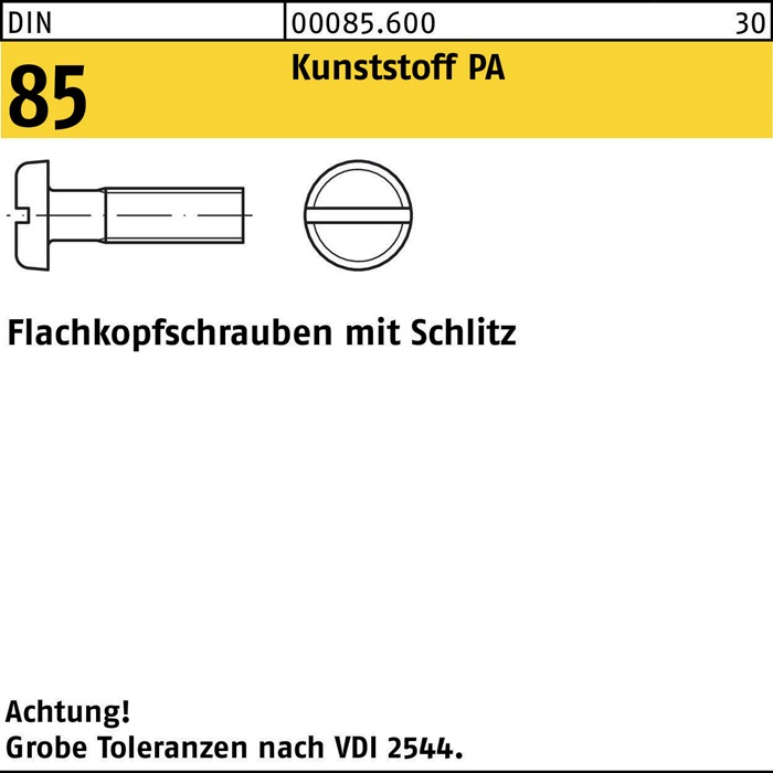 Flachkopfschraube DIN 85/ISO 1580 Schlitz M5x 20 Polyamid 200 Stück