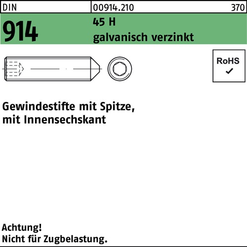 Gewindestift DIN 914 Spitze/Innen-6kt M16x50 45 H galv.verz. 50St.
