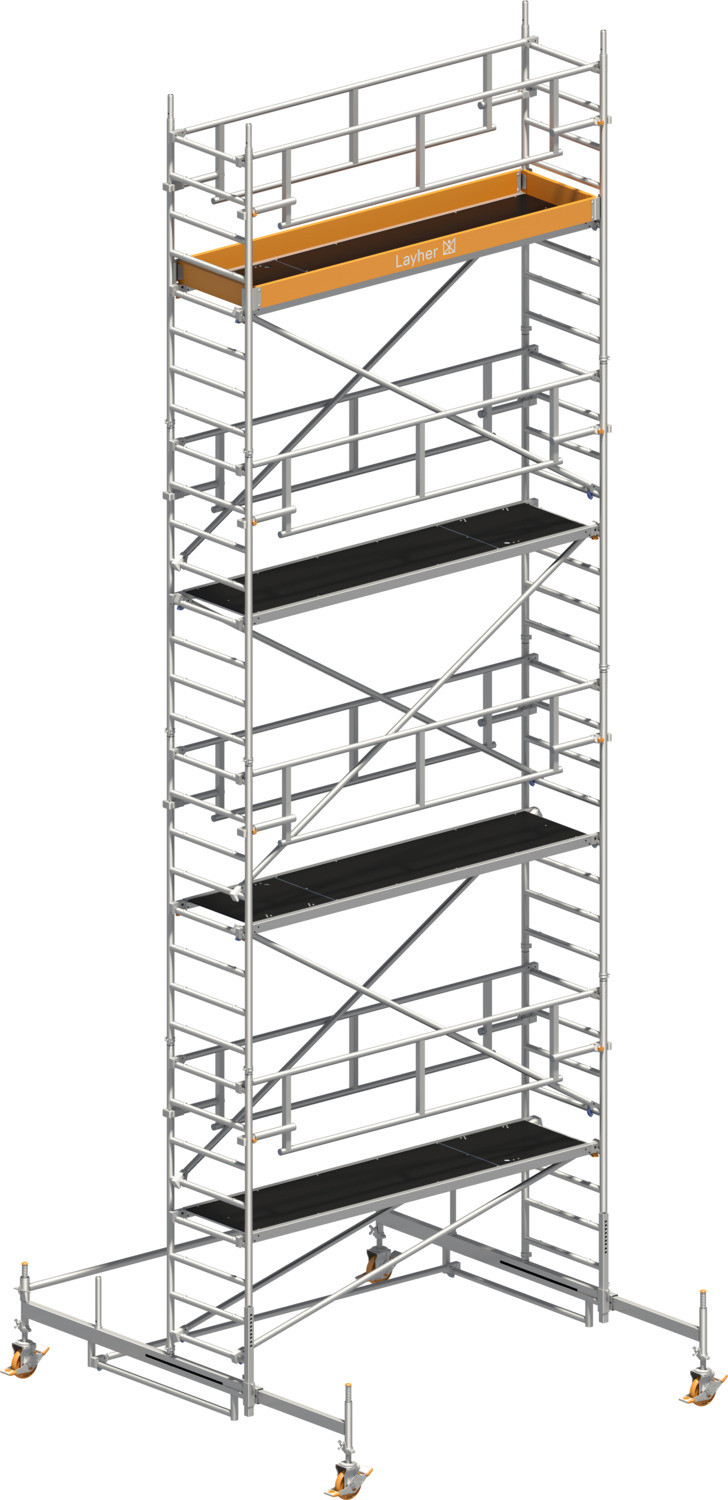 Layher Fahrgerüst Uni Standard P2 SAFETY PLUS mit Doppelgeländer Typ: 1421107 | SH: 7,38 m / AH: 9,38 m