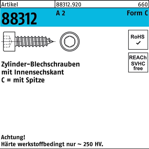 Zylinderblechschraube R 88312 Spitze/Innen-6kt C 4,8x 16 A 2 1000 Stück