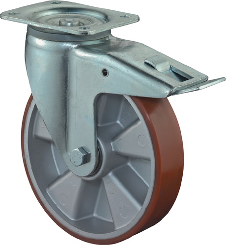 Schwerlastlenkrolle D.200mm Trgf.800kg m.Festst.Guß-PU 135mm 110mm BS ROLLEN