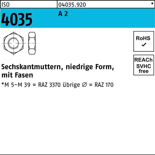 Sechskantmutter ISO 4035 niedrig Fasen M12 A 2 50 Stück