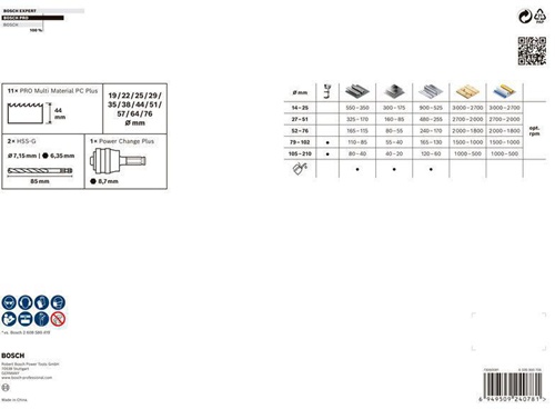 Bosch Lochsägen-Set PRO Multi Material PC Plus 14tlg. D.19-76mm Arbeits-L.44mm