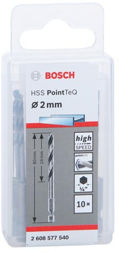 Bosch Spiralbohrer-Set PoinTeQ DIN338 10tlg.D.2mm Arbeits-L.24mm L.60mm HSS BohrertypN