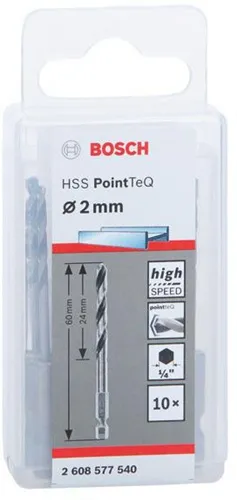 Bosch Spiralbohrer-Set PoinTeQ DIN338 10tlg.D.2mm Arbeits-L.24mm L.60mm HSS BohrertypN