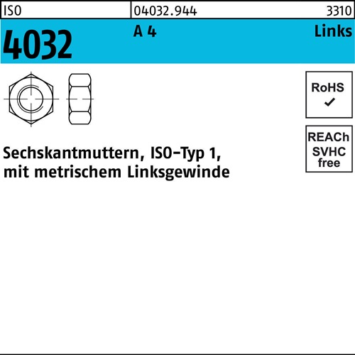 Sechskantmutter ISO 4032 links M10 A 4 - 70 50 Stück