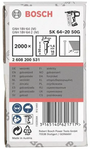 Bosch Senkkopfstift SK64-20 G 2000-tlg.LxBxD.50x2,8x1,35mm verzinkt Drahtmaß 1,6mm