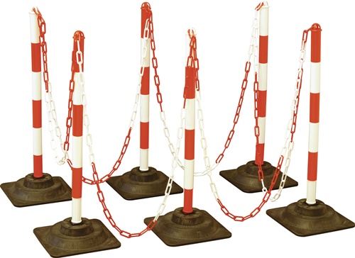 Sperrpfostenset PE/PVC rot/weiß m.Hartgummifuß D40xH860mm 6 Warnstäbe,10m Kette