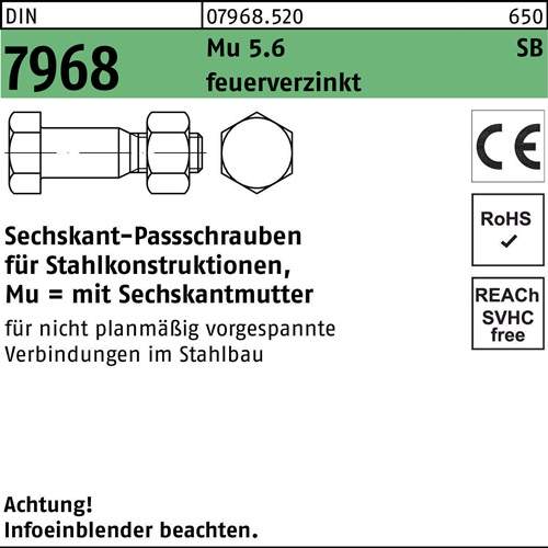 Sechskantpassschraube DIN 7968 CE Mutter M24x 80 5.6 feuerverz. 25 Stück
