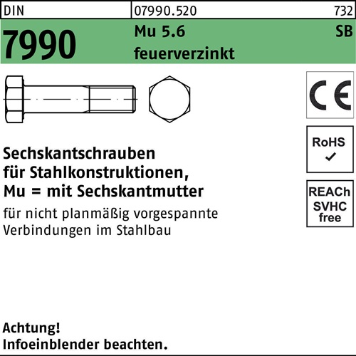 Sechskantschraube DIN 7990 CE Sechskantmutter M24x75 5.6 feuerverz. 25St.