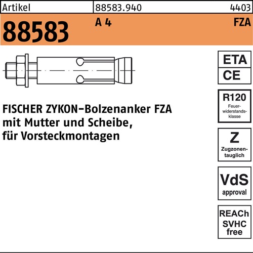 Bolzenanker R 88583 ZYKON FZA 14x 40 M10/25 A 4 20 Stück FISCHER