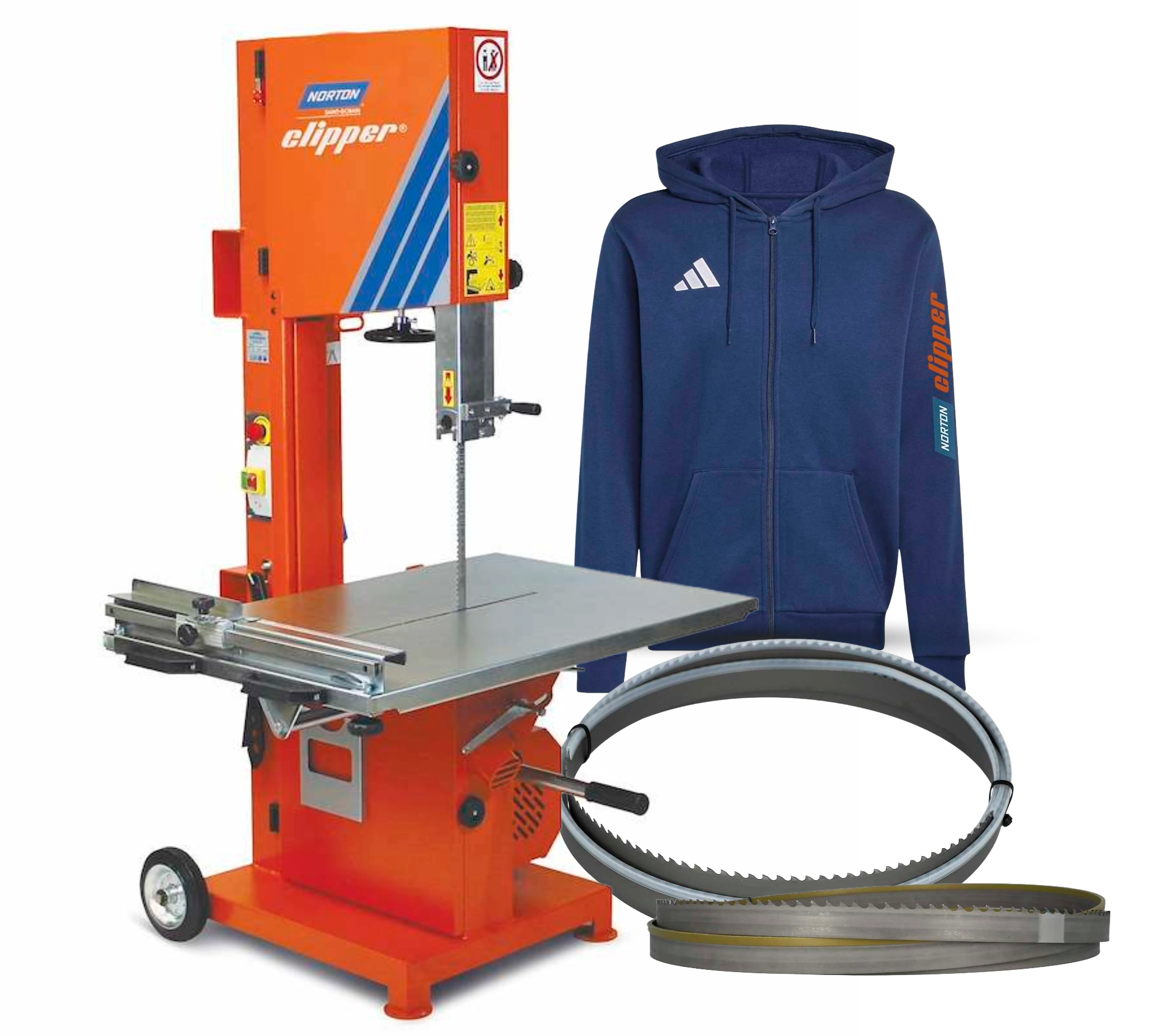 Norton Clipper Mauersteinbandsäge CB511 + 1x Sägeband Pro Universal + 1x Adidas Zip-Hoodie