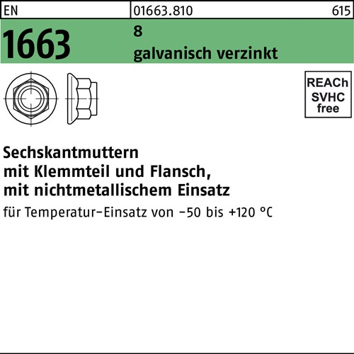 Sechskantmutter EN 1663 Klemmteil/Flansch M5 8 galv.verz. 100 Stück
