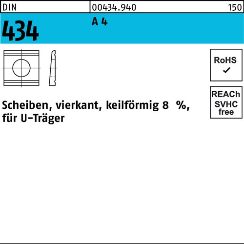 U-Scheibe DIN 434 vierkant keilförmig 17,5 A 4 Neigung 8% 25 Stück