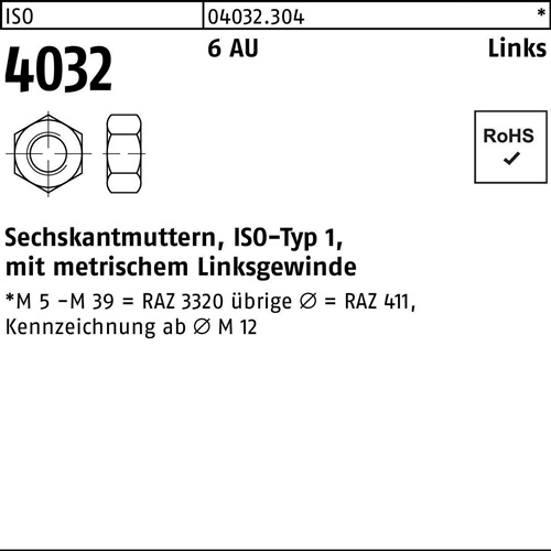 Sechskantmutter ISO 4032 links M10 6 Automatenstahl 100 Stück