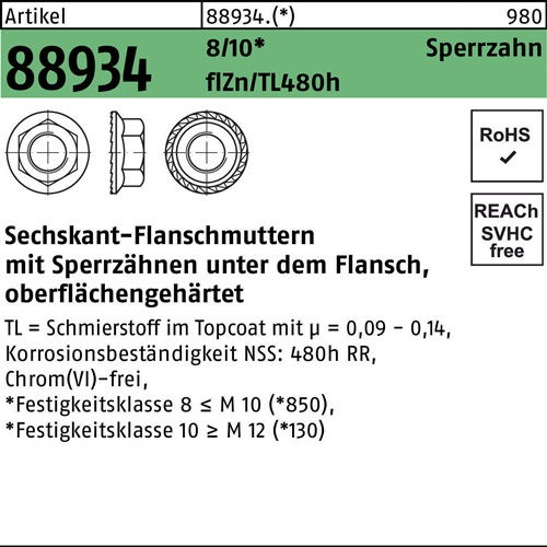 Sechskantflanschmutter R 88934 Sperrzahn M12 10 flZnnc 480h-L 100St.