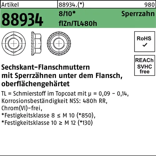 Sechskantflanschmutter R 88934 Sperrzahn M8 8 flZnnc 480h-L 200St.
