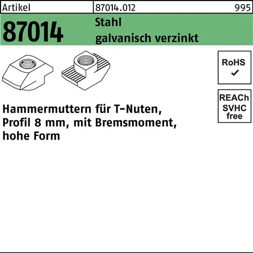 Hammerkopfmutter R 87014 Bremsmoment hoch 8mm M5 Stahl galv.verz. 1000St.