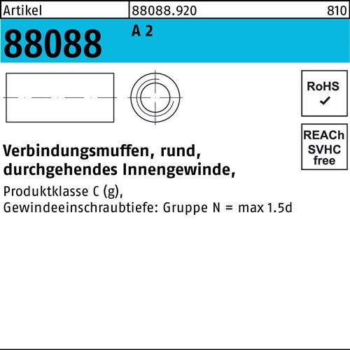 Verbindungsmuffe R 88088 rund IG M10x 30x 13 A 2 durchg. Innengew. 25 Stück