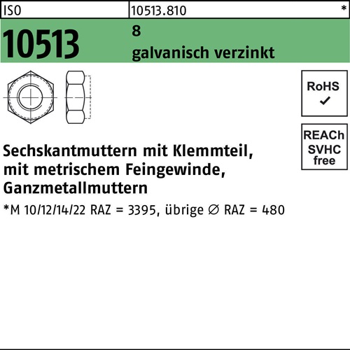 Sechskantmutter ISO 10513/DIN 6925 Klemmteil M12x1,5 8 galv.verz. 100St.