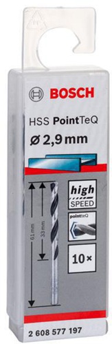 Bosch Metallspiralbohrer PointTeQ DIN388 Arbeits-L.33mm D.2,9mm Typ N 10St.