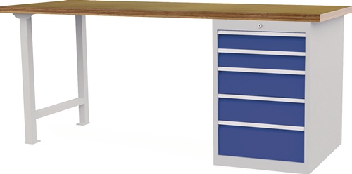 Werkbank B2000xT750xH859mm Buche-Multiplex lichtgrau/signalblau 5Schubl.