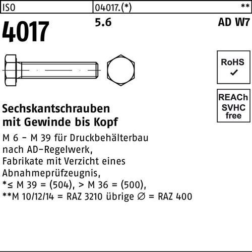 Sechskantschraube ISO 4017 VG M20x 120 5.6 AD W7 25 Stück