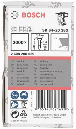 Bosch Senkkopfstift SK64-20 G 2000-tlg.LxBxD.38x2,8x1,35mm verzinkt Drahtmaß 1,6mm
